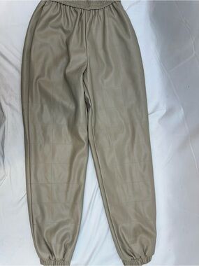 Topshop Faux Leather Track Joggers in Beige